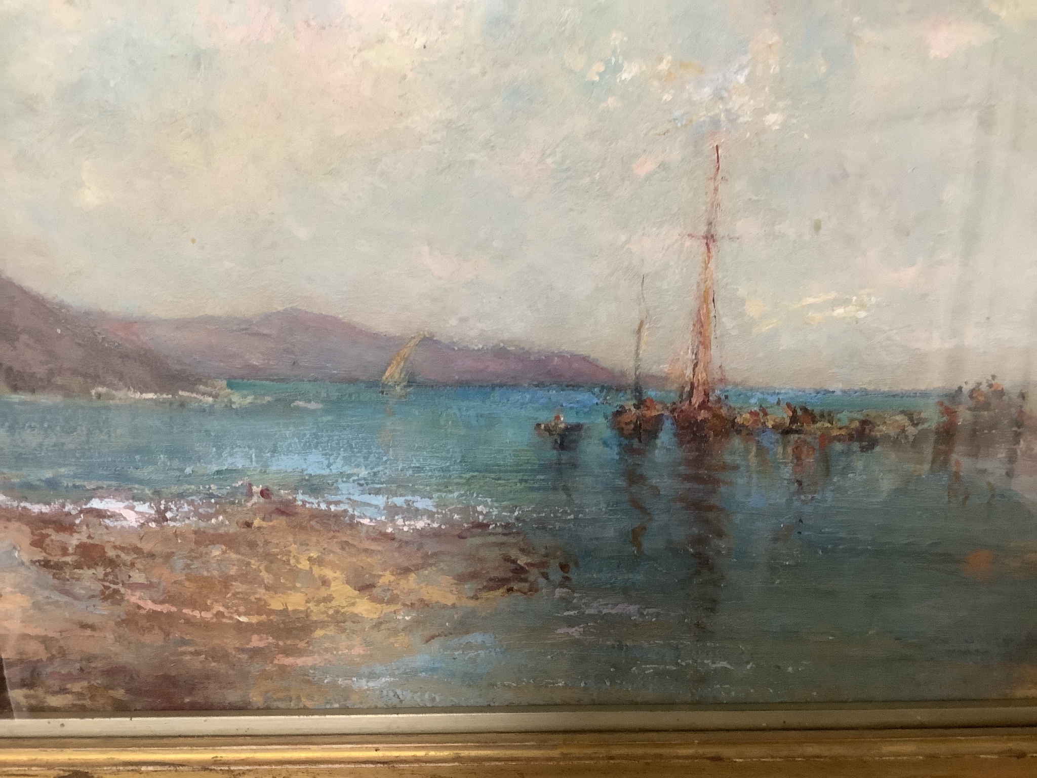 English School, oil on board, Beach scene with fishing boats, 29 x 44cm.